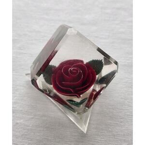 Vintage Red Rose Paperweight Acrylic Gorgeous Bircraft Lucite Cube Clear